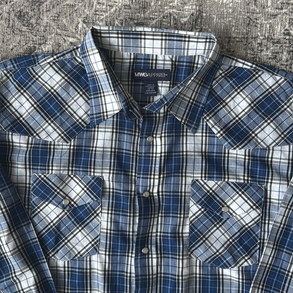 Western MWG Apparel 2XLT blue plaid pearl snap long sleeve - Picture 3 of 9